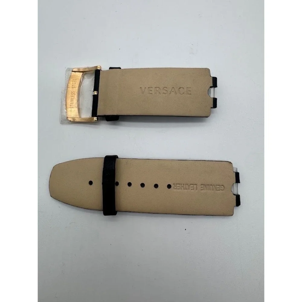 Versace Black Embossed Leather Watch Strap Gold Buckle 24mm Notched‎ Lug NEW
